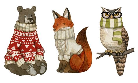 Cats In Sweaters Drawing, Animal In Sweater Drawing, Animals In Sweaters Illustration, Cute Winter Animals Illustration, Animals In Sweaters, Sweater Illustration, Xmas Animals, Christmas Illustration Design, Festive Packaging