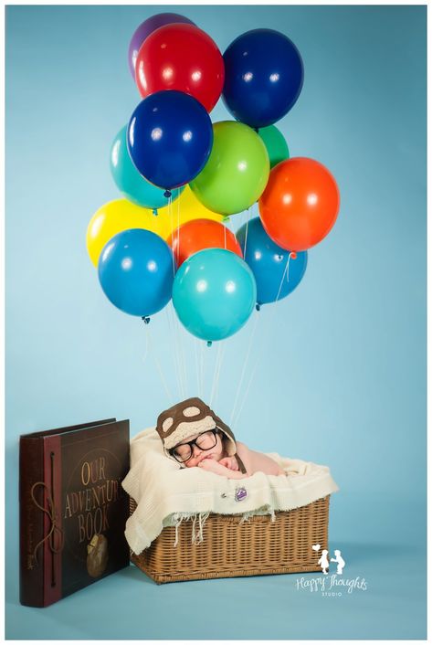 Pixar Up Photoshoot, Up Newborn Pictures, Newborn Disney Photoshoot, Up Baby Photoshoot, Disney Newborn Photography, Toy Story Newborn Pictures, Disney Newborn Pictures, Up Nursery Theme, Up Themed Baby Shower Ideas