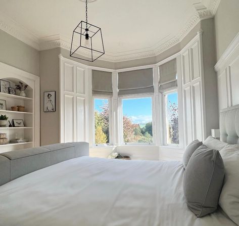 Master bedroom with large bay window painted in Cornforth White Primary Bedroom Bay Window, Bay Window Bedroom Layout Master Suite, Bedroom Ideas Bay Window, Small Bedroom With Bay Window, Bay Window Panelling, Bedroom Ideas With Bay Window, Bay Window Bedroom Layout, Bay Window In Bedroom, Bay Window Ideas Bedroom