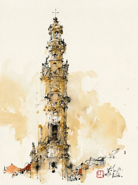 Buildings Sketch, Watercolours Art, Kiah Kiean, Urban Sketches, Watercolor Architecture, Architecture Sketchbook, Black And White Art Drawing, Watercolor Projects, Chinese Ink