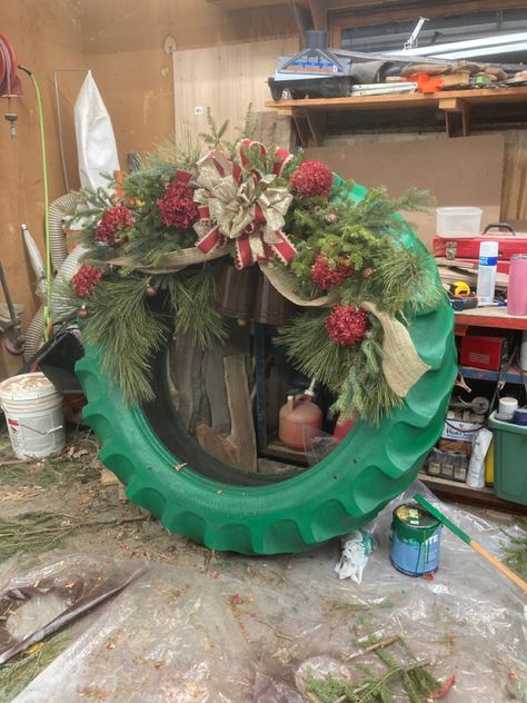 Tire Wreath Christmas, Tractor Tire Wreath, Christmas Trunk Or Treat Ideas, Oversized Christmas Decorations, Tire Wreath, Tire Decor, Trunk And Treat, Christmas Trunk Or Treat, Tire Ideas