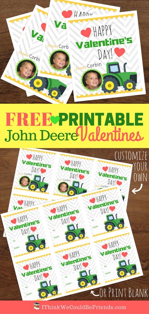 The John Deere fan in your house will LOVE these free printable John Deere Valentine's! Easy directions to customize them with your child's picture and name or just print the blank ones, they're free either way!! Our boys are SO excited to give these tractor valentine's out at school! #free #printable #john #deere #tractor #valentines #boys #kids #deer #customizable #loader #boy #green #heart Tractor Valentines Boxes, Tractor Valentine Box Ideas, John Deere Valentine Box Ideas, Tractor Valentines For Kids, Tractor Valentines, Preschool Valentine Cards, Printable Valentines Day Cards, Mens Valentines Gifts, Preschool Valentines