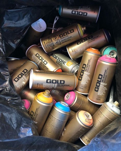 Graffiti Equipment, Gold Graffiti, Corporate Event Planner, Inanimate Objects, Spray Paint Cans, Gold Spray, Spray Paint Art, Visual Display, Street Art Graffiti