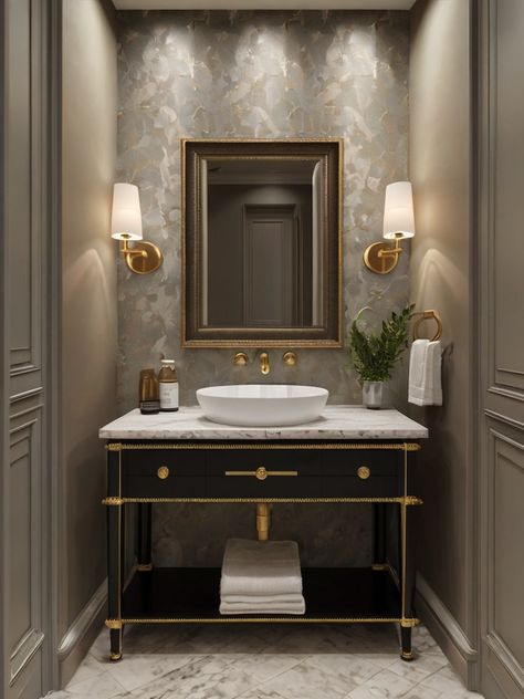 10 Half Bathroom Ideas: Stylish Solutions for Small Spaces - Homezillo Small Powder Bathroom, Classic Powder Room, Small Powder Bathroom Ideas, Powder Bathroom Ideas, Half Bathroom Ideas, Luxury Powder Room, Parisian Interior Design, Classical Bathroom, Powder Room Remodel