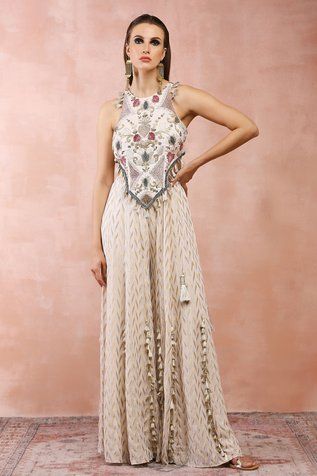 Shop for Payal Singhal Off White Georgette Flower Applique Embroidered Choli And Sharara Set for Women Online at Aza Fashions Georgette Sharara, Sharara Designs, Payal Singhal, Haldi Outfit, Beach Party Outfits, Zardozi Embroidery, White Kurta, Trendy Dress Outfits, Sharara Set