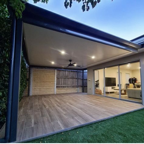 Roofed Outdoor Area, Stratco Outback Pergola, Stratco Cooldek, Alfresco Ideas Australia, Garden Design Architecture, Roof Patio, Flat Roof Extension, Garage Pergola, Covered Patio Design