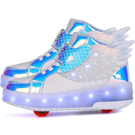 PRICES MAY VARY. 【Awesome Gifts for Your Lover】Roller shoes with 8 colors led & 16 lighting modes,colorful light& cute shiny wing design.The best gifts for Christmas,Thanksgiving,Halloween,Happy New Year,Birthday,Party and other celebration. 【Unique&Cool Design】Roller skate shoes with wing design & shiny pu leather,fashion &dazzling.Wearing the roller shoes to gliding like a bird fly in the sky.Make you become the best shiny star in the night. 【3 In 1 Design】The roller shoes with stowed wheels.S Light Up Roller Skates, Wheel Shoes, Sneakers With Wheels, Kids Roller Skates, Roller Skate Shoes, Roller Shoes, Wing Design, Shoes For Boys, Wing Shoes