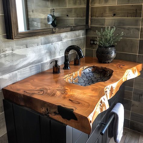 Elevate your bathroom with our handcrafted Live Edge Bathroom Sink. Featuring raw, organic edges and unique grain patterns, this sink brings rustic charm and natural beauty to any space. Experience the perfect blend of functionality and timeless design. Conceptual AI Art Follow @ecosapiens for more! Unique Wash Basin Ideas, Raw Edge Bathroom Vanity, Rustic Sink Ideas, Live Edge Bathroom Counter, Live Edge Bathroom, Diy Sink Vanity, Cabins Interiors, Tiny Cabins Interiors, Rustic Bathroom Sinks