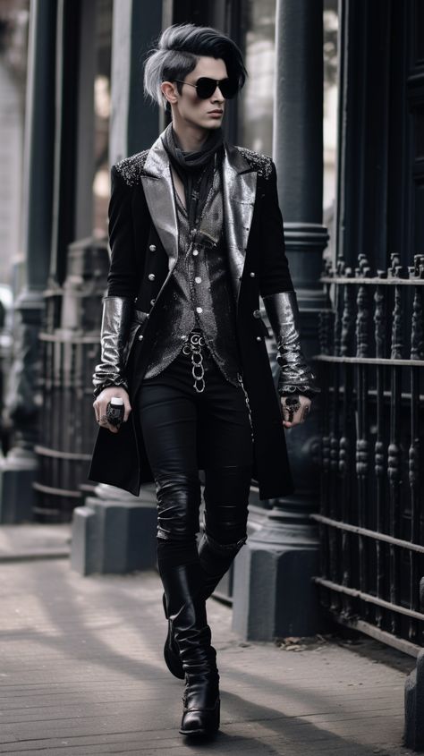 Goth man created with AI by Amanda Church Goth Steampunk Men, Goth Punk Men, Romantic Goth Fashion Men, Goth Men Aesthetic, Men Goth Outfit, Modern Goth Aesthetic, Corporate Goth Men, Victorian Goth Men, Vampire Goth Men