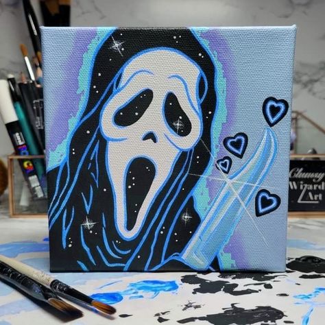 Trippy Horror Painting, Ghost Face Acrylic Painting, Canvas Drawings Halloween, Halloween Themed Drawings Easy, Horror Movie Acrylic Painting, Ghost Painting Ideas Easy Simple, Cute Halloween Art Ideas, Painting Ideas Pop Art, Halloween Paintings On Canvas Ideas