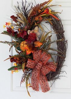 Oval Fall Wreath | Silk flowers | Pinterest Wreath Ideas Fall, Grapevine Wreath Ideas, Thanksgiving Mesh Wreath, Oval Grapevine Wreath, Oval Wreath, Happy Crafts, Fall Decor Wreaths, Fall Thanksgiving Wreaths, Owl Wreaths