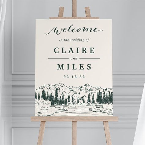 $44.20 | Hunter Green Mountain Sketch Wedding Welcome Sign #pine trees, forest, woods, wedding welcome sign, welcome to our wedding, woodland, rustic wedding signage, mountain wedding, rustic elegant, hunter green Rustic Wedding Signage, Wedding Woodland, Mountain Sketch, Woods Wedding, Addressing Wedding Invitations, Flowing River, Pine Trees Forest, Trees Forest, Cheap Wedding Invitations