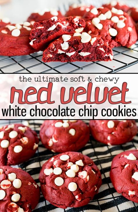 Red Velvet Cookies with White Chocolate Chips are thick and chewy with the classic Red Velvet color and taste. This No Chill recipe is perfect for any occasion! |Cooking with Karli| Thick Cookie Recipes, Red Velvet Color, Red Velvet Chocolate Chip Cookies, Cookies With White Chocolate Chips, Red Velvet Cookie Recipe, Cookies With White Chocolate, Christmas Cookie Recipes Holiday, Cooking With Karli, Easy Crepe Recipe