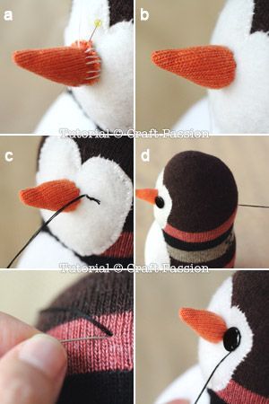 Sew | Sock Penguin | Free Pattern & Tutorial at CraftPassion.com Sock Penguin, Sock Plushies, Stuffed Penguin, Sock Bunny, Sock Dolls, Sock Doll, Sock Toys, Sock Crafts, Diy Socks