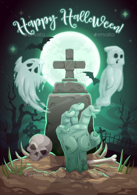 Ghost Monster, Halloween Cemetery, Vintage Halloween Art, Zombie Art, Zombie Hand, Cemetery Art, Horror Nights, Halloween Horror Nights, Halloween Painting