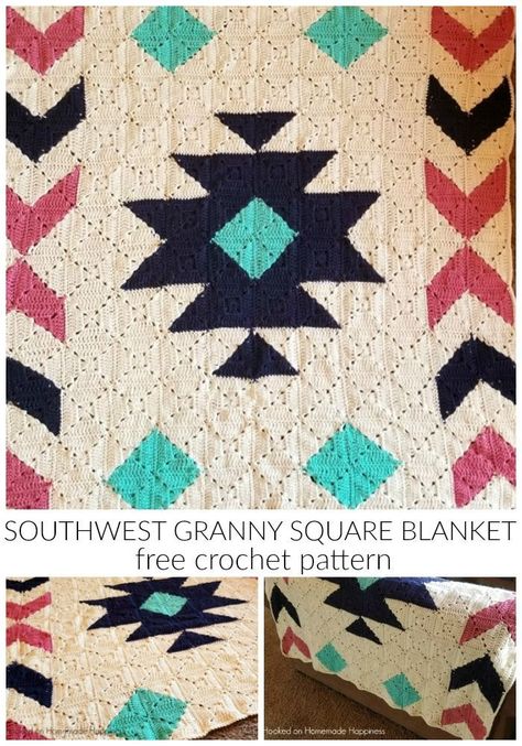 The Southwest Granny Square Crochet Blanket Pattern is easier than it looks! By using Half & Half Granny Squares, you can easily make this southwest design! Granny Square Crochet Blanket Pattern, Tshirt Quilt Tutorial, Tshirt Quilt Diy, Granny Square Crochet Blanket, Square Crochet Blanket, Squares Blanket, Squares Design, Sunburst Granny Square, Granny Square Haken