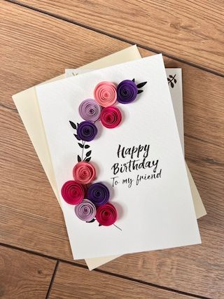 byLucyDesigns2020 - Etsy 8 March Card Ideas Diy, Birthday Card Craft Ideas Paper, Diy Birthday Greeting Cards, Diy Cards Handmade Happy Birthday, Birthday Card Simple Handmade, Handmade Cards For Birthday, Simple Quilling Cards, Birthday Card Quilling, Flower Birthday Cards Handmade