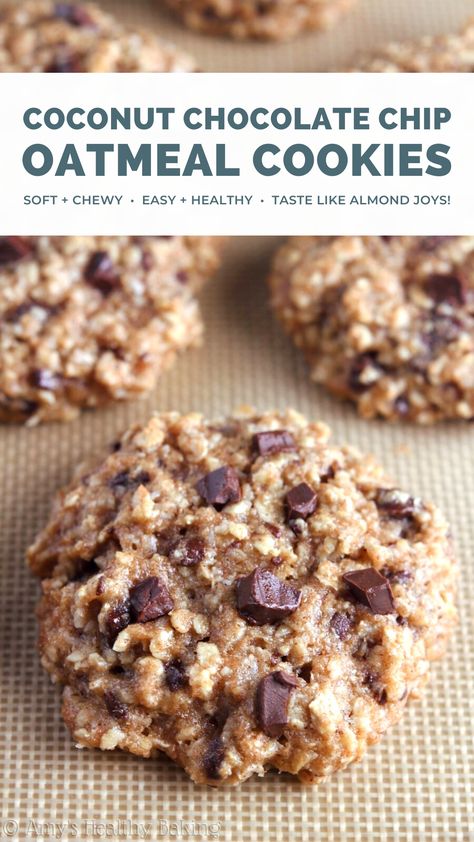 Almond Joy Oatmeal, Oatmeal Cookies No Sugar, Oatmeal Coconut Chocolate Chip Cookies, Almond Joys, Chocolate Chip Oatmeal Cookies Healthy, Sugar Free Oatmeal, Chocolate Coconut Cookies, Simple Chocolate Chip Cookie Recipe, Oatmeal Chocolate Chip Cookie Recipe