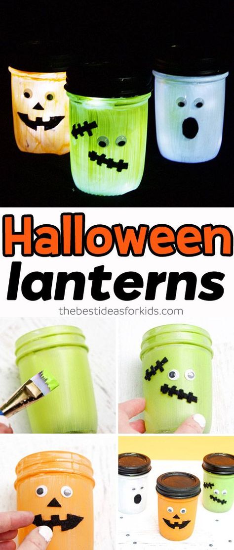 Halloween Crafts For Kids Easy, Halloween Luminaries, Halloween Mason Jars, Crafts For Kids Easy, Mason Jar Lanterns, Halloween Arts And Crafts, Fun Halloween Crafts, Halloween Lanterns, Jar Lanterns