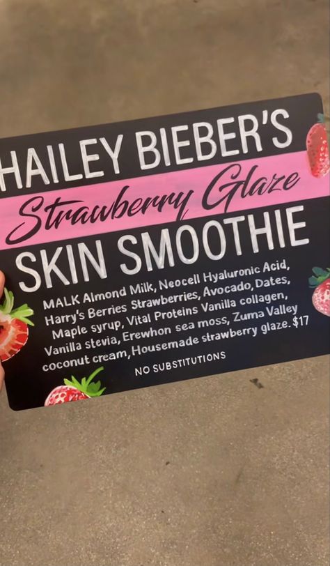 Erewhon strawberry glaze skin smoothie marianna Hewitt coconut cloud Los Angeles LA NYC New York City sea moss collagen chlorophyll water organic hyaluronic trendy trend expensive over priced breakfast burrito bougie celebrity Justin Bieber style set active Pilates lifting healthy lifestyle diet deficit girl vegan almond milk bowl stevia perfume le Labo baccarat rouge 540 drew recipe ingredients grocery nobu catch clean Smoothie Erewhon, Drink Recipes Healthy, Hailey Bieber Smoothie, Smoothie Drink Recipes, Healthy Drinks Smoothies, Starbucks Drinks Recipes, Food Crush, Healthy Recipies, Pretty Drinks