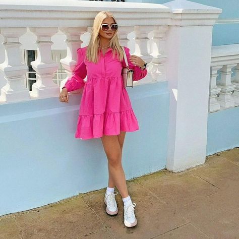 Pink Dress With Sneakers, Pink A-line Mini Dress For Brunch, Pink Mini Dress For Summer Dress-up, Pink Mini Dress For Spring Dress-up, Pink A-line Mini Dress Casual, Trendy Pink Button-up Dress, Ruffle Dress Casual, Cute Church Outfits, Pink Ruffle Dress