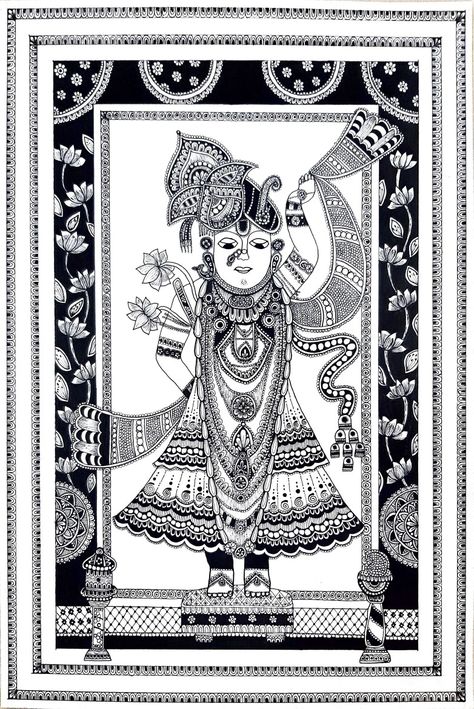 Shreenathji Mandala Art, Shree Krishna Mandala Art, Shree Krishna Drawing, Jay Shree Krishna, Pichwai Painting, Easy Mandala, Krishna Drawing, Kalamkari Painting, Color Drawing Art