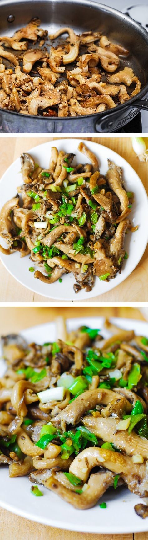 Oyster mushrooms sauteed in olive oil with garlic, and topped with green onions.   Great as side dish to grilled meats, or to be mixed with pasta.  Healthy, vegetarian, vegan, gluten-free, paleo-friendly recipe. Pleurotus Recipe, Mushrooms Sauteed, Dinner Tomorrow, Pasta Vegetarian, Phantom Thread, Pasta Healthy, Paleo Friendly Recipes, Mushroom Dish, Grilled Meats