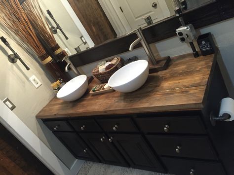 Rustic Bathroom wood countertop Vessel Sink My Diy project stained wood Wood Countertop Bathroom, Bathroom Countertop Ideas, Bathroom Tile Diy, Black Vanity Bathroom, Wood Countertop, Rustic Bathroom Vanities, Countertop Ideas, Countertop Design, Diy Countertops