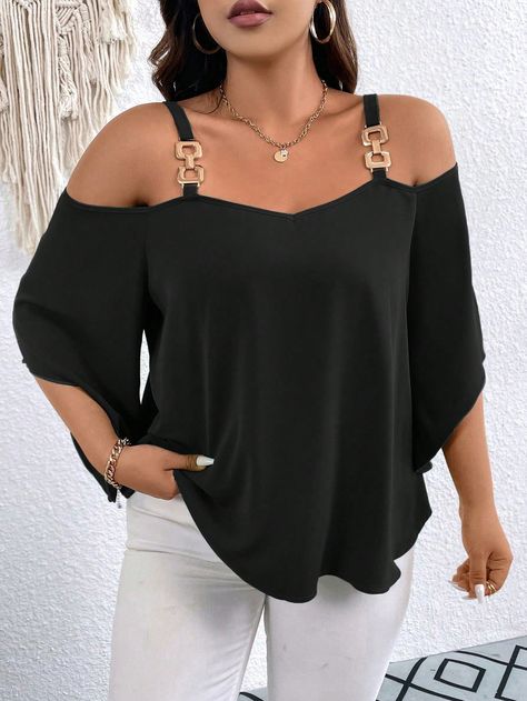 Black Casual Collar Three Quarter Length Sleeve Woven Fabric Plain Top Embellished Non-Stretch  Women Plus Clothing Easy Dress Sewing Patterns, Cold Shoulder Blouse, Plain Tops, Dress Sewing Patterns, Plus Size Blouses, Black Casual, Sewing Dresses, Plus Size Tops, Black Blouse