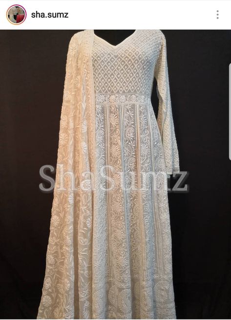 Chikankari Lakhnavi Gown Pattern, Chikankari Suits Party Wear Bollywood, Chicken Kari Kurta With Mirror Work, Lucknowi Chikankari Suits, Elegant Anarkali, Lucknowi Suits, Chikankari Anarkali, Designer Bridal Lehenga Choli, Designer Anarkali Dresses