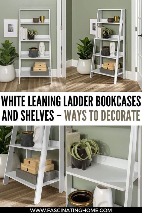 How To Style A Ladder Bookshelf, Decorating Ideas For Ladder Shelf, Slanted Bookshelf Decor, Ladder Shelf By Fireplace, How To Decorate A Ladder Bookshelf, Tall Shelves Living Room, Styling Ladder Bookshelves, Leaning Shelf Decor, How To Decorate Ladder Shelves