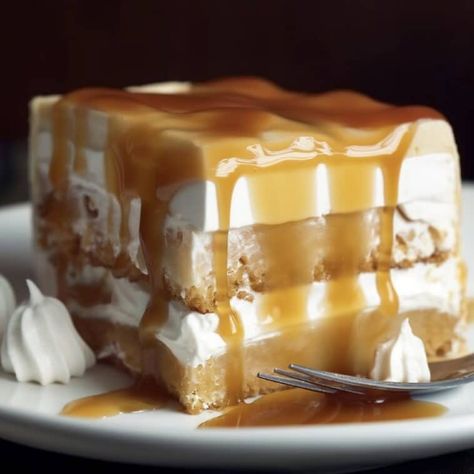 Ritz Cracker Salted Caramel Icebox Cake - Nine Recipes Ritz Cracker Icebox Cake, Caramel Icebox Cake, Cream Corn Casserole, Salted Caramel Cake, Ritz Cracker, Italian Sausage Soup, Impressive Desserts, Salted Caramel Sauce, Caramel Cake