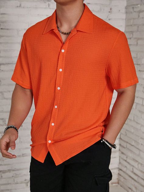 Burnt Orange Casual Collar Short Sleeve Fabric Plain Shirt Embellished Non-Stretch  Men Clothing Orange Outfit, Sheer Shirt, Men Shirts, Orange Shirt, Color Naranja, Plain Shirts, Casual Wardrobe, 16 9, Shoulder Sleeve