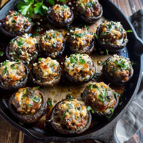 Easy Sausage Stuffed Mushrooms Top Easy Recipes in 2024 Cajun Stuffed Mushrooms, Sausage Stuffed Mushrooms Easy, Stuffed Mushroom Recipes, Cherry Cobbler Recipe, Stuffed Mushrooms Easy, Sausage Stuffed Mushrooms, Greek Yogurt Dips, Cheese All, Mushroom Caps