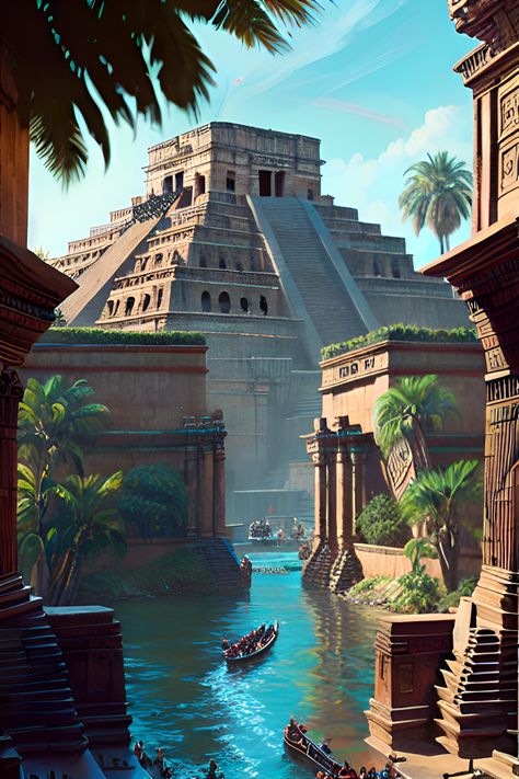 Aztec Architecture Art, Aztec City Concept Art, Tropical City Concept Art, Mesoamerican Fantasy Art, Desert City Fantasy Art, Fantasy Desert City, Fantasy Manor, Aztec Architecture, Mesoamerican Architecture