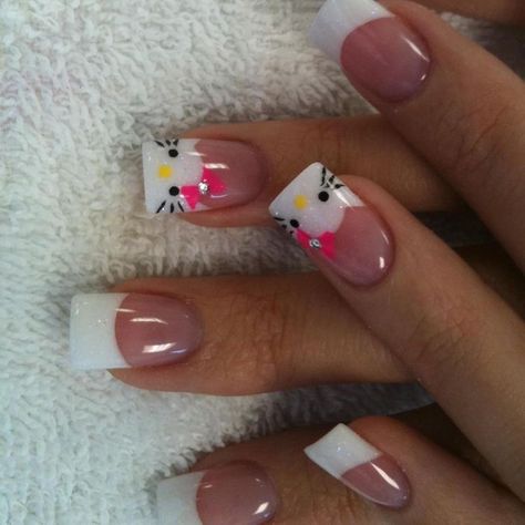 Hello Kitty Nails Short Easy, Plain Hello Kitty Nails, Hello Kitty French Tip Nails Short, Hello Kitty Nails French Tip, French Hello Kitty Nails, Hello Kitty Nail Art Designs, Hello Kitty Nails Acrylic Short, Short Nails Hello Kitty, French Tip Hello Kitty Nails