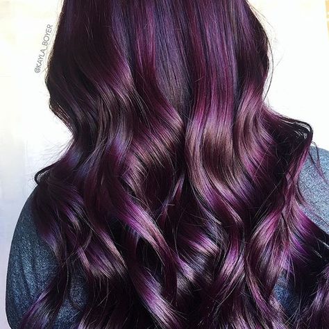 Mixing shades from Pravana Chromasilk and Pravana Vivids for a bright, rich finish. Plum Hair Color Ideas, Plum Hair Color, Pravana Hair Color, Grey Balayage, Butter Blonde, Black Hair Ombre, Violet Hair Colors, Hair Color Plum, Dark Purple Hair