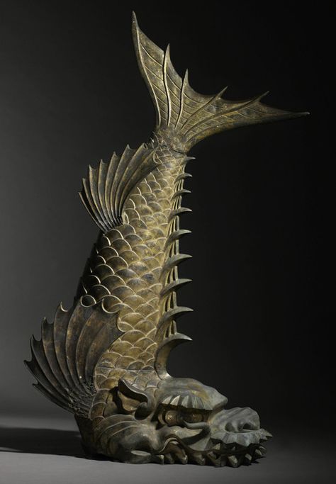 Dragon Fish Japan. Edo period 5'3’’ x 34’’ x 17’’ - 160cm x 86cm x 43cm A splendid model of a Shachihoko, an enormous roof decoration well cast in bronze, with a dragon head with bushy eyebrows and whiskers, flared nostrils, a spiny dorsal fin and 4... Japanese Statue, Ancient Fish, Wood Carving Art Sculpture, Roof Decoration, Bushy Eyebrows, Dragon Fish, Mythical Animal, Fish Sculpture, Garden Pottery