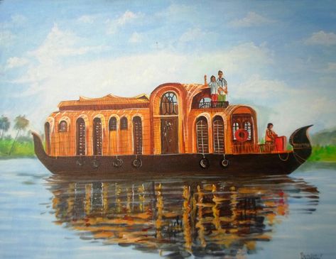 ACRYLIC PAINTING_House boat ::Premdas Pathanamthitta Painting House, Boat Drawing, Boat Painting, Boat Race, Boat Design, Love Drawings, Art Stuff, Big Canvas, House Boat