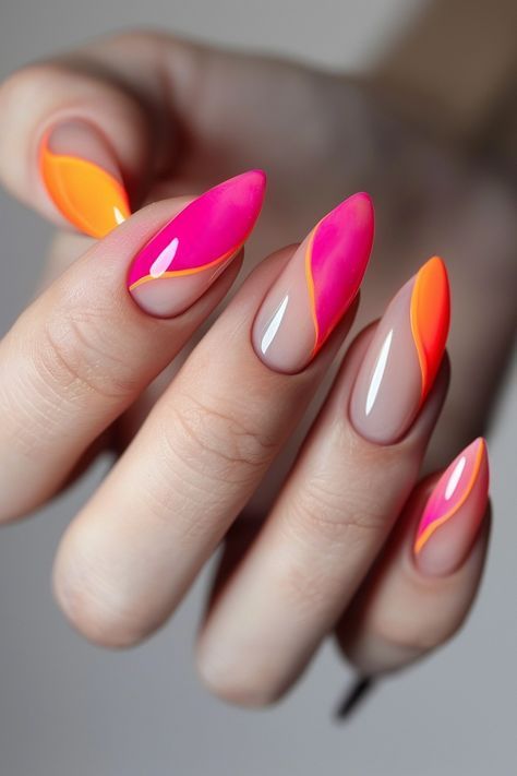 Orange And Hot Pink Nails, Unusual Nail Designs, Almond Nails Designs Summer, Almond Nails Red, Cute Almond Nails, Almond Nails Pink, Stiletto Shaped Nails, White Almond Nails, Orange And Hot Pink