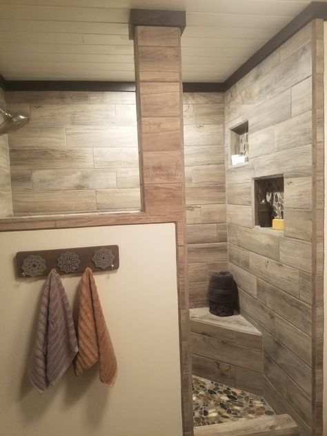 Log Cabin Walk In Shower Ideas, Walkin Shower Ideas No Door Tile, One Piece Shower Stall Walk In, Walk In Shower No Door Rustic, Shower Stalls Walk In, Wood Walk In Shower Ideas, Small Open Shower Ideas Walk In No Door, Double Walk In Shower Ideas Master Bath, Walk Around Shower Ideas