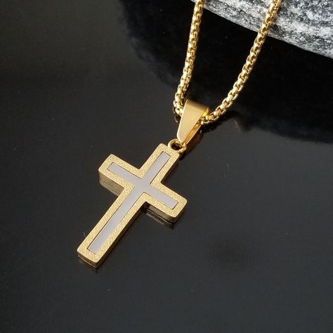 Gold and Silver Cross Necklace:  The cross is made with two crosses, a silver cross that fits inside a shiny golden cross and then they are finely welded to keep it in place. The result is golden cross with its silver center which look beautiful. The cross fits perfectly with either a gold or silver chain, choose the one you like most! Add your personal touch to the cross by engraving a special message on it, a name, a date or a phrase that means something to you. Engraving something unique on i Cross Gold, Cheap Gold Cross Necklace For Men, Mens Solid Gold Cross Necklace, Golden Cross, Gold Crucifix Necklace Men, Mens Chain Necklace Gold Cross Pendant, Gold Crucifix Necklace, Gold Cross Necklace Mens Jewelry1000.com, Engraved Cross