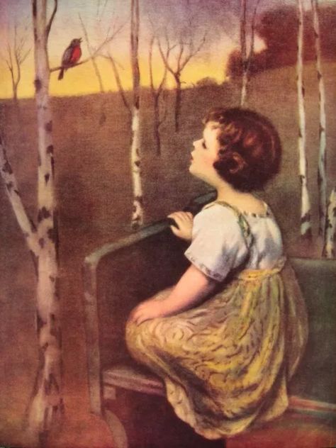 Little blind girl listening to the first robin of Spring First Robin, Blind Girl, Spring Song, Nostalgic Art, Illustrator Artist, Wow Art, Childrens Illustrations, Childrens Art, Vintage Pictures