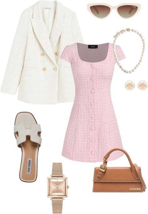 pink, old money style, outfit inspo for spring and summer, going out fashion inspiration, hermes oran, caramel jacquemus bag, pink tweed dress, white blazer aesthetic university outfit inspo, pearl earrings, pearl necklace, white sunglasses, rose gold watch Cute Tweed Outfit, Classy Tweed Outfits, Fancy Pink Outfits Classy, Old Money Outfits Pastel, Old Money Pink Dress, Lawyer Outfit Pink, Pink Parisian Outfit, Pink Old Money Aesthetic Outfit, Old Money Pastel Outfits