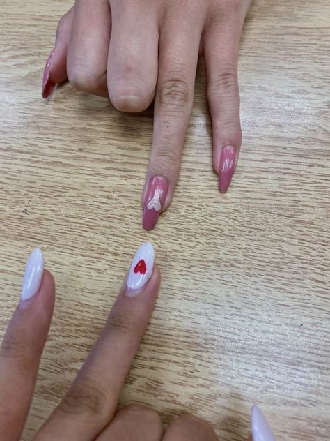 Simple Matching Nails, Matching Heart Nails, Pink Nails Red Heart, Heart Nails Pink, Nails Red Heart, Nails Minimalistic, Red Heart Nails, Minimalistic Nails, Nail Heart