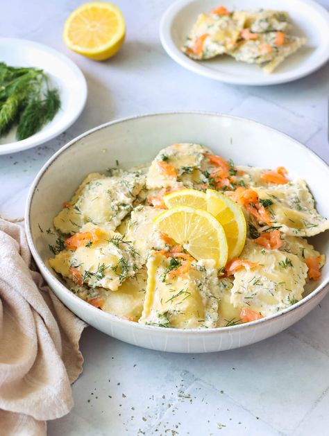 Smoked Salmon Ravioli, Salmon Ravioli Recipes, Salmon And Ravioli Recipes, Salmon Ravioli, Four Cheese Ravioli, Salmon Dill, Lemon Cream Sauce, Pesto Spinach, Main Recipes