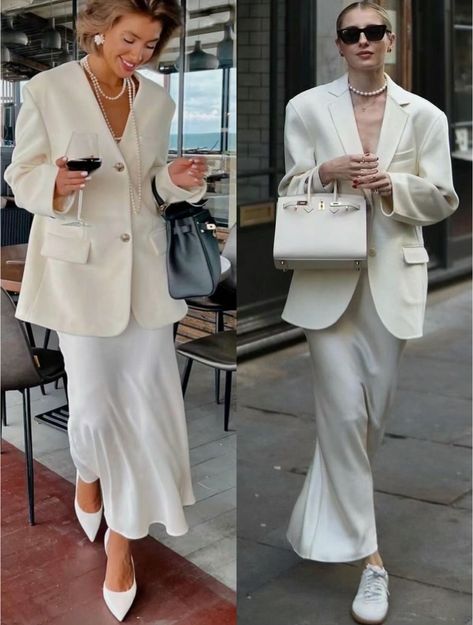 Old Money Party Dress, White Coat Ceremony Outfit, Satin Outfit, Collage Girl, Dress Pants Outfits, Street Style Fall Winter, Clothing Guide, Evening Outfit, Beige Outfit