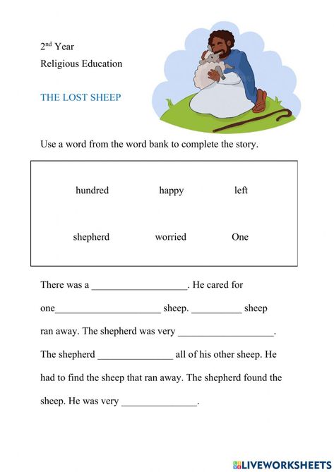 Sheep Worksheet, Complete The Story, Lost Sheep, The Lost Sheep, Word Bank, Religious Education, The Shepherd, Sheep, No Worries