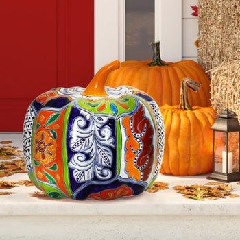 13" Talavera Style Ceramic Pumpkin Talavera Pumpkins, Mexican Pumpkin, Talavera Sun And Moon, Ceramic Pumpkin, Mexican Talavera, Fall Decorating, Tote Handbags, Pumpkins, Fall Decor