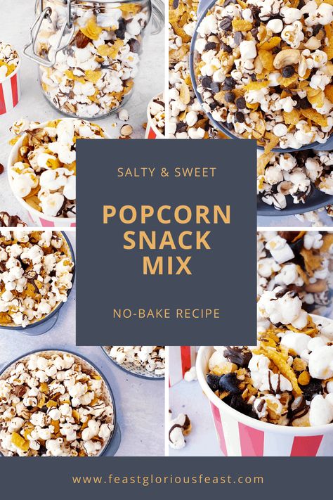 My easy Popcorn Snack Mix involves no baking and is super versatile using what you can find in your store cupboard. Popcorn, cornflakes, chocolate chips, salted nuts and marshmallows are all drizzled with melted chocolate. Its a delicious snack for kids and adults alike. #FeastGloriousFeast #crackpopcorn #snackmix #snacks #poppingcorn Cornflakes Chocolate, Chocolate Cornflake Cakes, Easy Popcorn, Kids Snack Food, Sweet Popcorn, Store Cupboard, Salted Nuts, Vegan Marshmallows, Snack For Kids